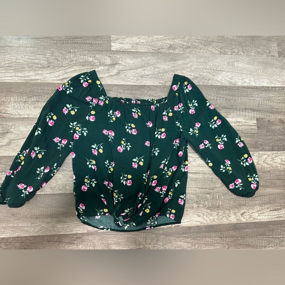 SO Girls Green Floral Long Sleeve Tie Front Top Square Neck Blouse Size M 8